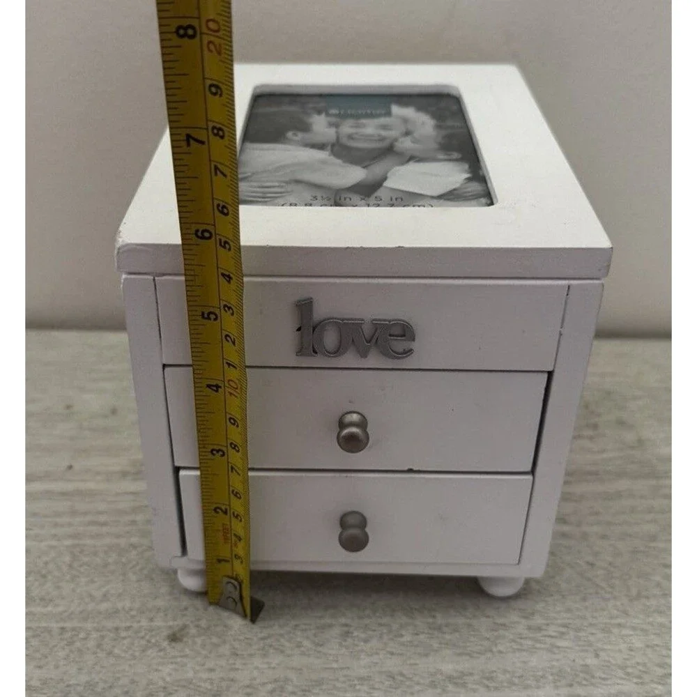 White Wood Jewelry Box 3 Drawers Mirror Ring Rolls Picture Frame 
